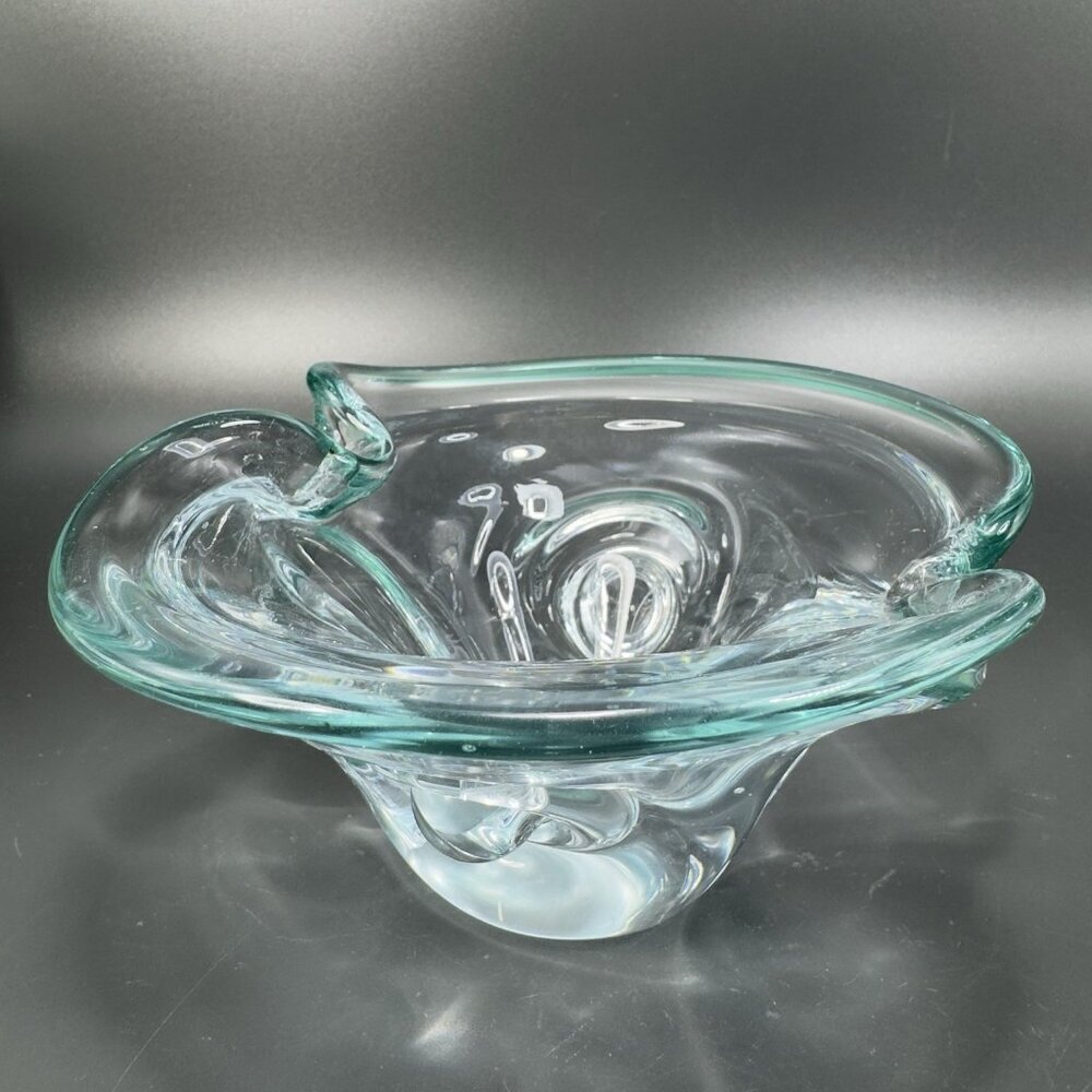 Venetian Glass Footed Dish Bowl Heavy Hand Blown‎ Glass Clear Green Line Italian